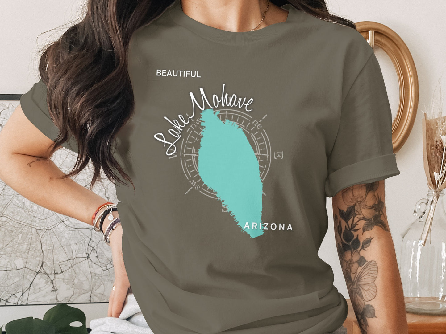 Olive t-shirt featuring a turquoise map of Lake Havasu, Arizona.