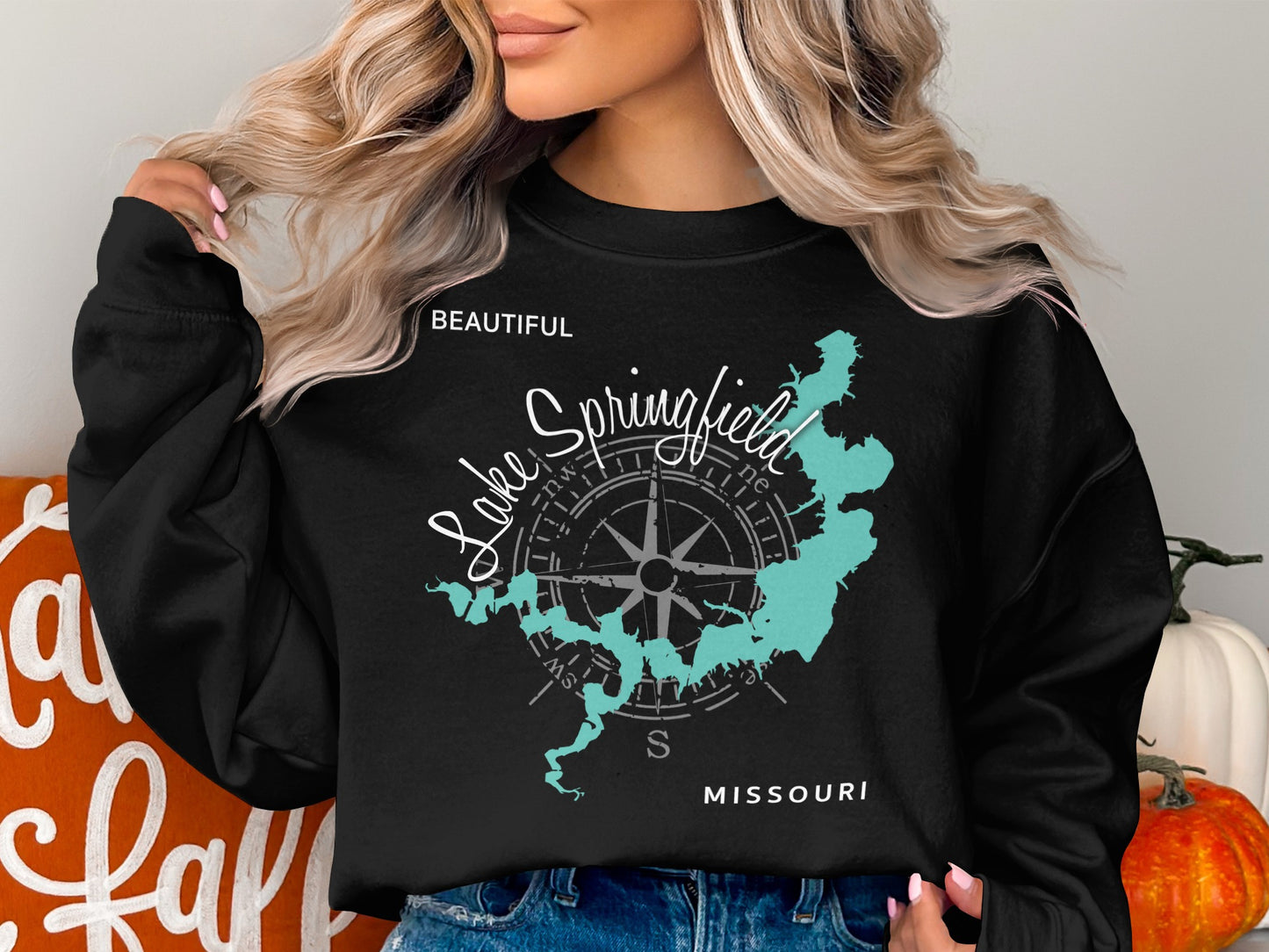 Black sweatshirt with a compass rose and Lake Springfield, Missouri map design.