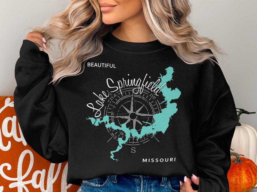 Black sweatshirt with a compass rose and Lake Springfield, Missouri map design.