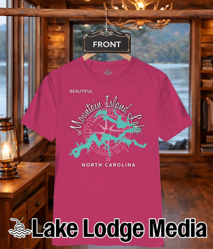 Magenta t-shirt with "Mountain Island Lake North Carolina" and compass graphic.