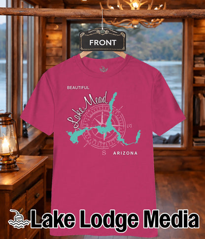 Pink t-shirt with "Lake Mead Arizona" map graphic and compass rose.