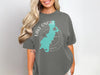Gray t-shirt featuring a turquoise map of Lake Onota, Massachusetts, with compass details.