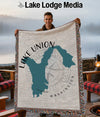 Woven blanket featuring a teal map of Lake Union, Washington, with "Lake Union" text.