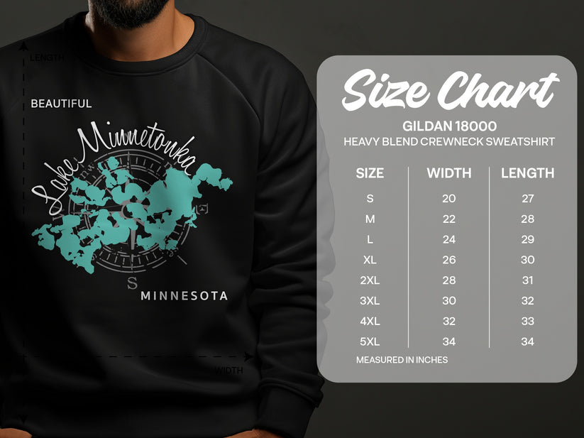 Sweatshirt featuring Lake Minnetonka map and Gildan 18000 size chart.