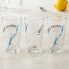 Three clear glasses feature "Lake George New York" with a blue lake map and compass design.