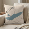 Cushion with a blue map silhouette of Lake Erie and text Lake Erie Pennsylvania.