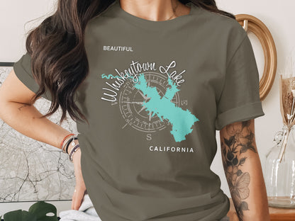 Whiskeytown Lake California map graphic on gray t-shirt.