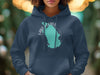 Dark blue hoodie with turquoise Lake George Florida map graphic.