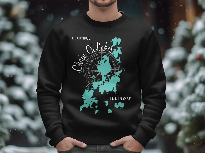 Black sweatshirt with turquoise Chain O' Lakes, Illinois map and compass graphic.