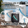White mug, black tumbler, and white water bottle with Otisco Lake graphics on a wooden surface.