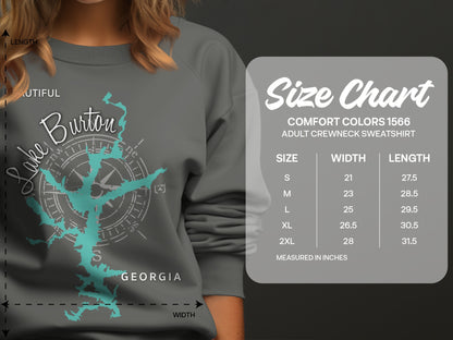 Lake Burton Georgia graphic on a Comfort Colors adult crewneck sweatshirt size chart.