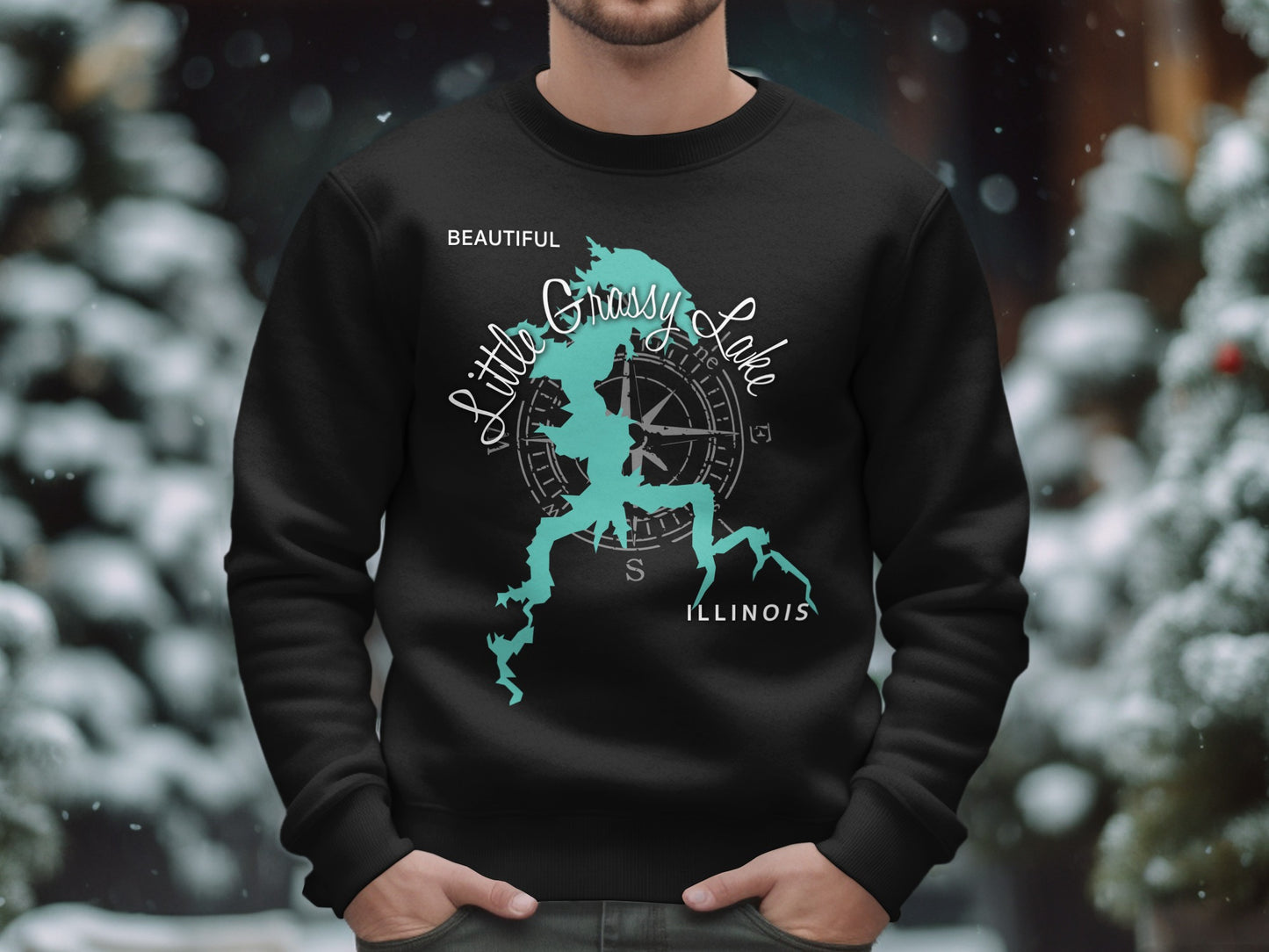 Black sweatshirt with "Little Grassy Lake Illinois" map and compass graphic.