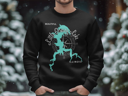 Black sweatshirt with "Little Grassy Lake Illinois" map and compass graphic.