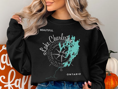 Black sweatshirt with "Beautiful Lake Charleston Ontario" compass design.