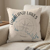 Light beige throw pillow with "HIGHLAND LAKES" text and map graphic of Texas lakes.