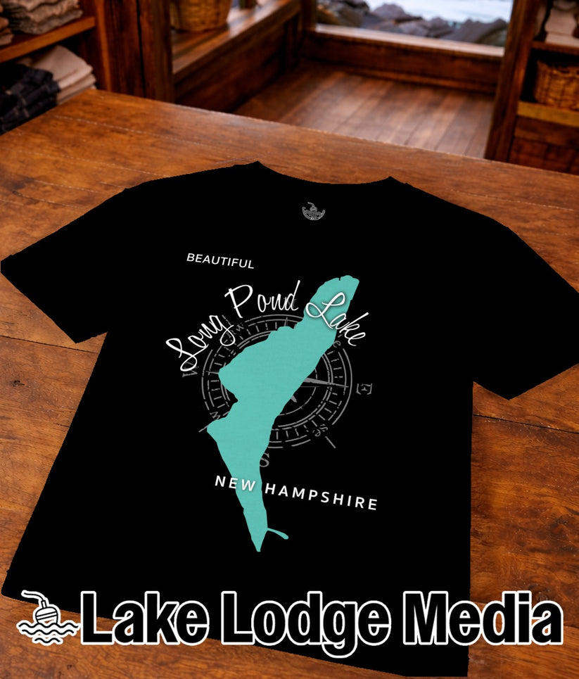 Black t-shirt with a teal map of Long Pond Lake and "New Hampshire" text.