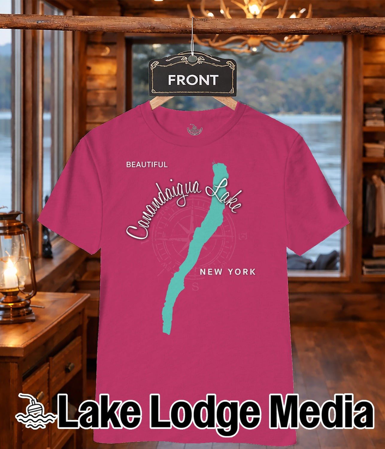 Pink t-shirt with "Canandaigua Lake" map and "Lake Lodge Media" logo.