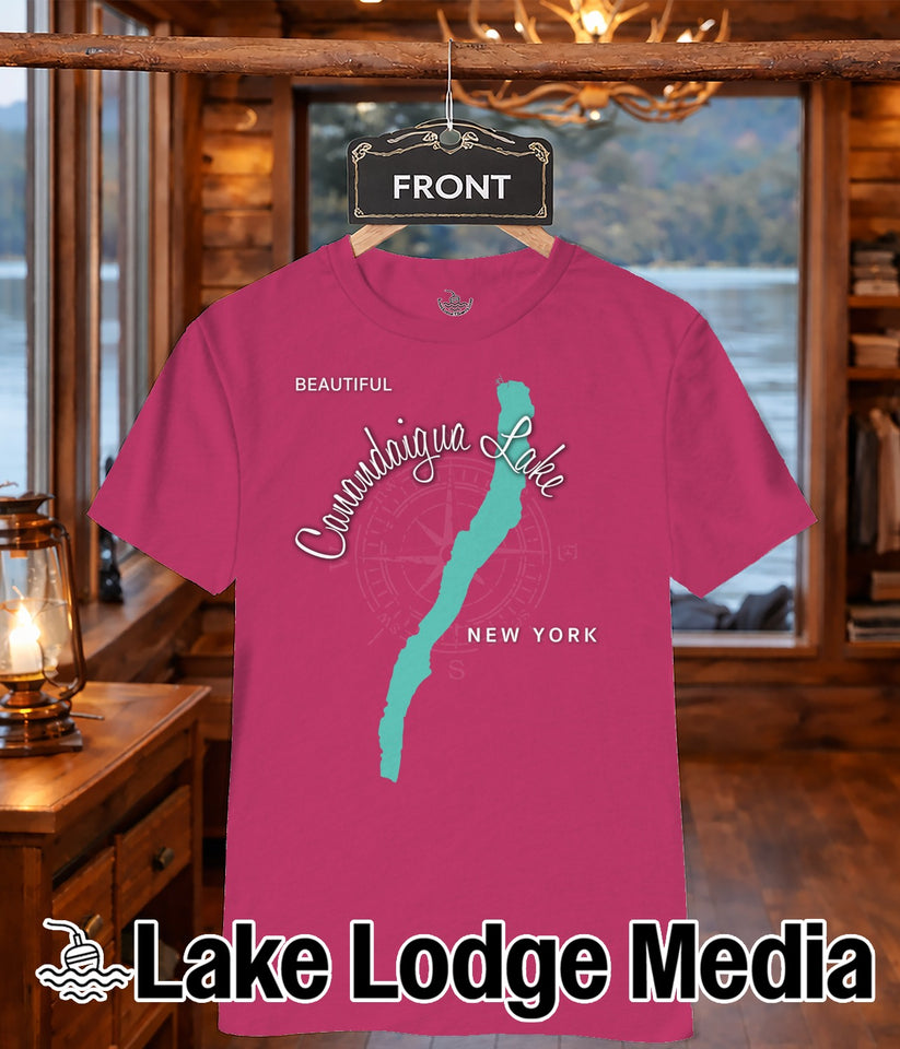 Pink t-shirt with "Canandaigua Lake" map and "Lake Lodge Media" logo.