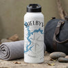 White water bottle with "Shelbyville" text, blue lake map, and compass design.