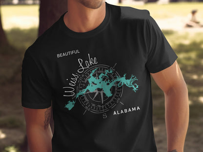 Black t-shirt featuring a compass rose and map of Beautiful Weiss Lake, Alabama.