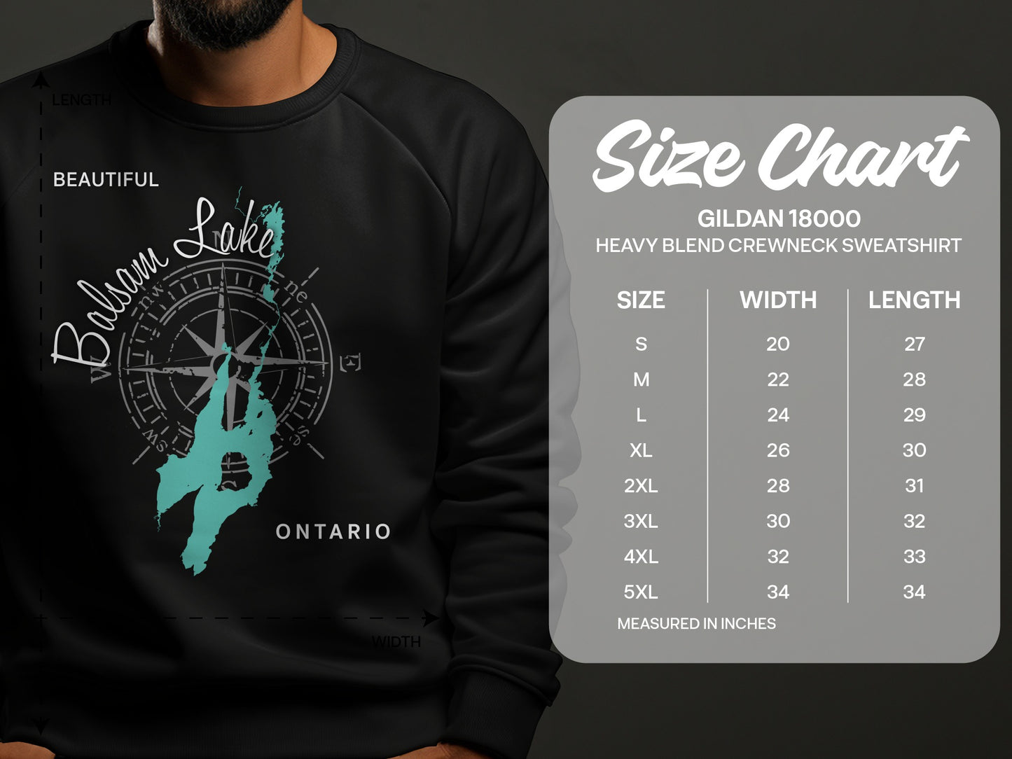 Crewneck sweatshirt with Balsam Lake Ontario graphic and size chart.