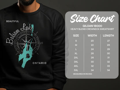 Crewneck sweatshirt with Balsam Lake Ontario graphic and size chart.