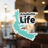 Turquoise map outline sticker with "Arkabutla Life" text.