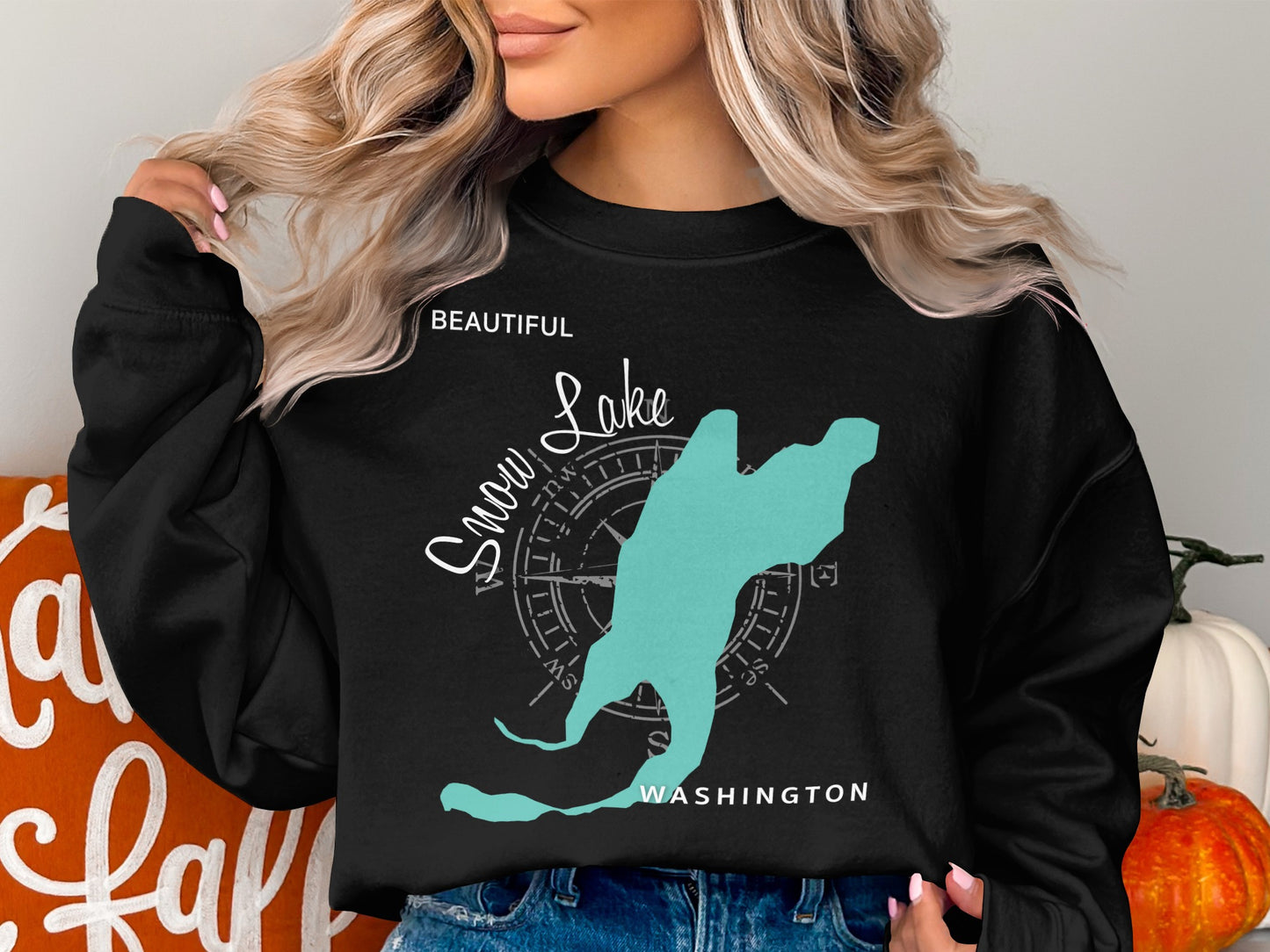Black sweatshirt with a teal map of Snow Lake, Washington, and compass rose.
