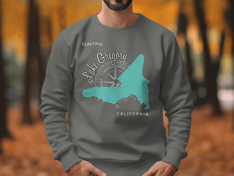 Grey sweatshirt with "Beautiful Lake Gregory California" text and map graphic.