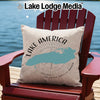 Light tan pillow with "Lake America" map graphic on Adirondack chair.