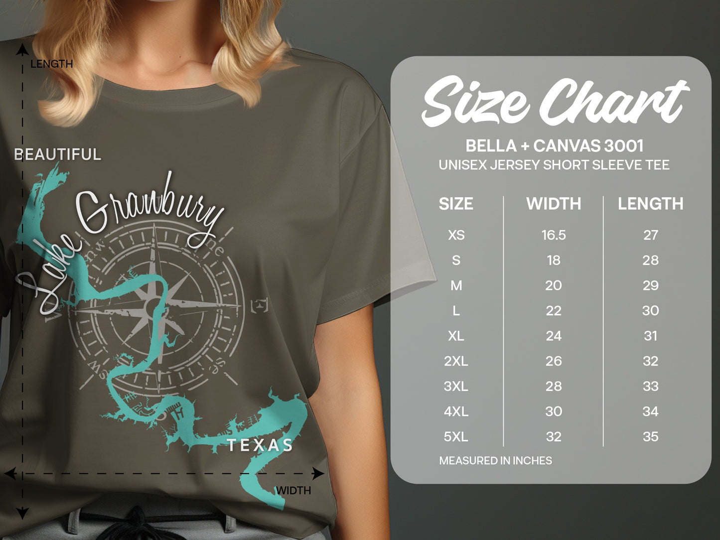 Woman wearing a Granbury Lake t-shirt, with a size chart for Bella + Canvas 3001 tees.