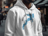 White hoodie with blue map graphic and "Arcadia Lake Oklahoma" text.