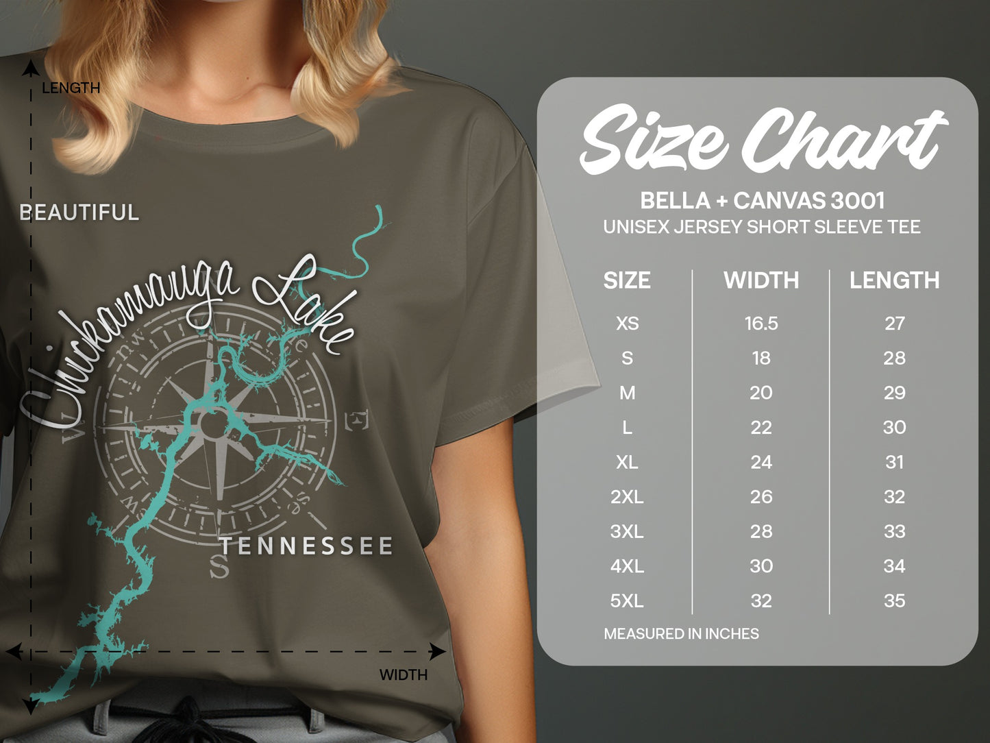 T-shirt with Chickamauga Lake map and compass graphic, with size chart.