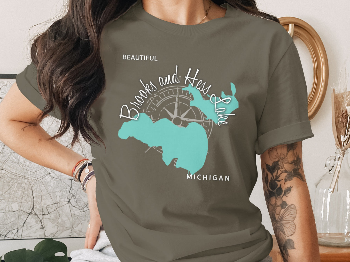 Brown t-shirt with Brooks and Hess Lake Michigan map and compass graphic.
