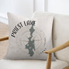 Pillow with Priest Lake Idaho map and compass design
