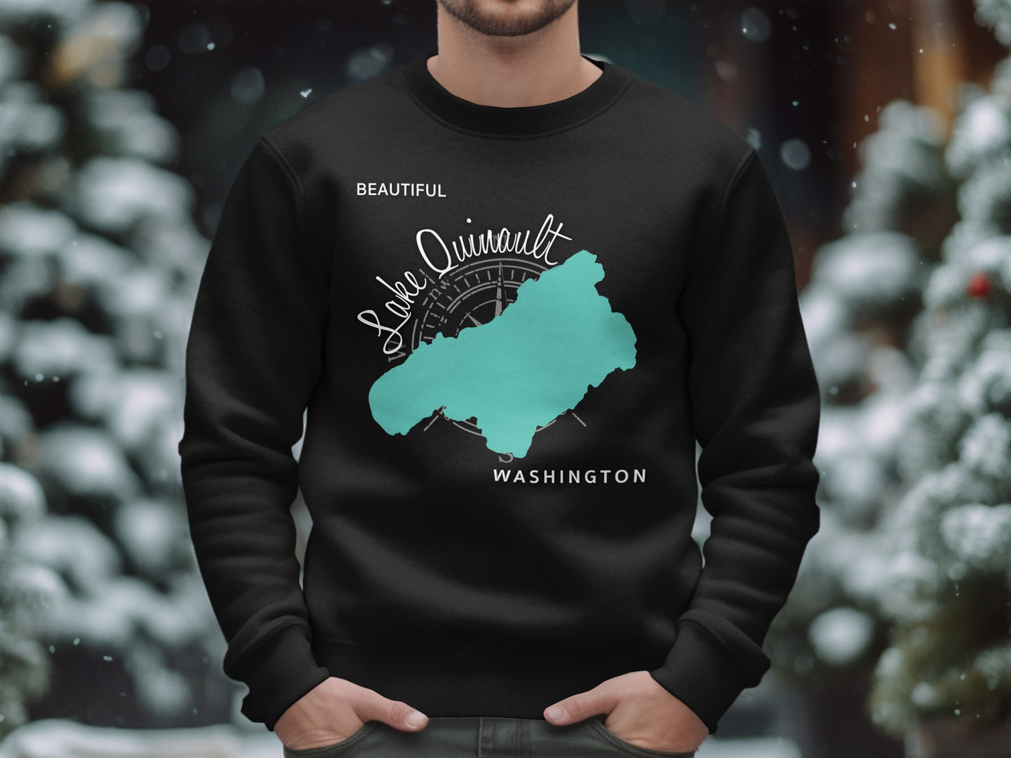 Black sweatshirt with a teal map of Lake Quinault, Washington.