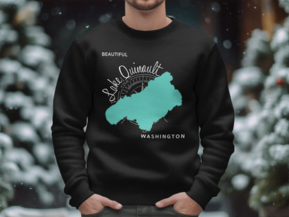 Black sweatshirt with a teal map of Lake Quinault, Washington.