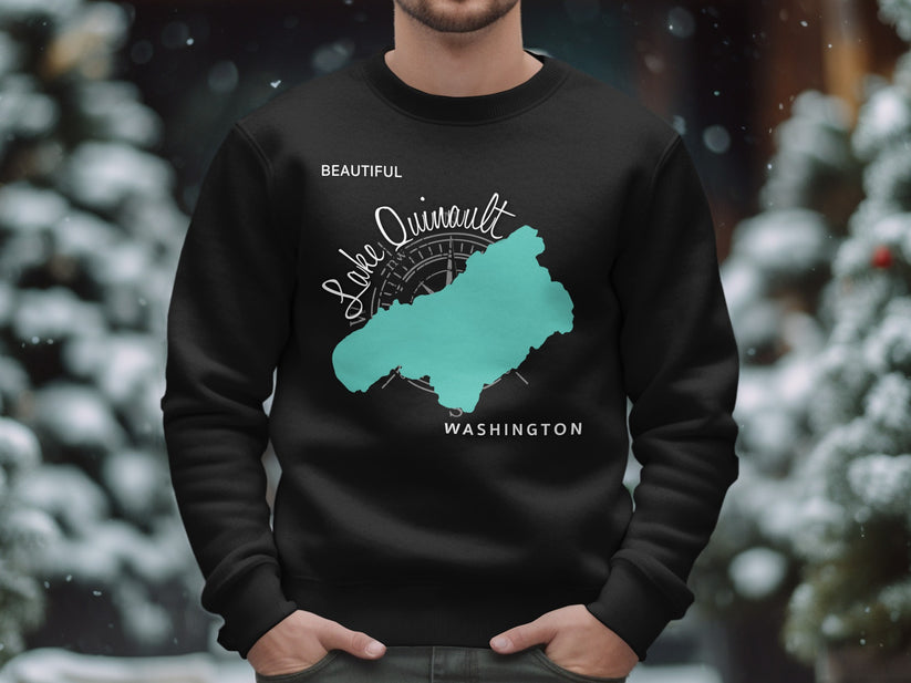 Black sweatshirt with a teal map of Lake Quinault, Washington.