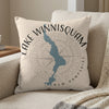 Light beige pillow with blue Lake Winnisquam outline and compass rose.