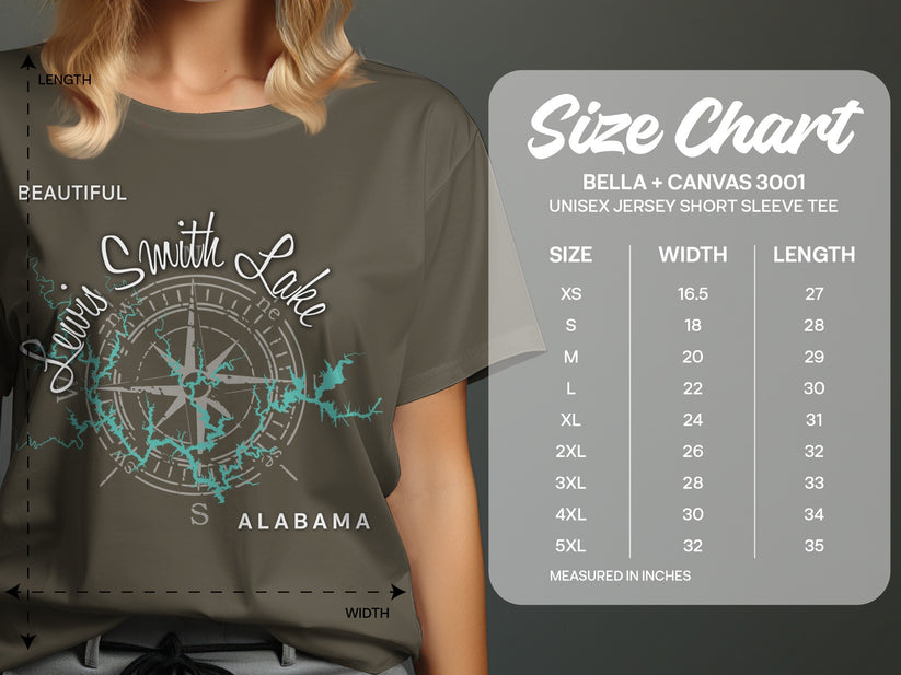 T-shirt with "Lewis Smith Lake Alabama" and compass graphic, next to a size chart.