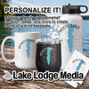 Honeoye Lake branded mug, tumbler, water bottle, and coaster on a wooden surface.