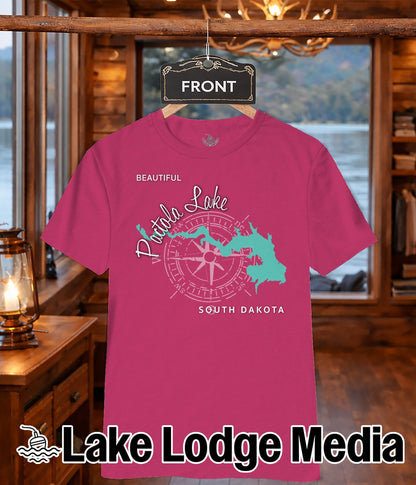 Pink t-shirt with a compass rose design and "Lake Lodge Media" logo.