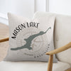 Pillow with Mason Lake Washington map and compass design on a chair.