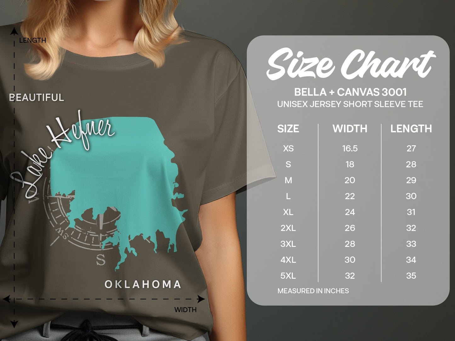 Lake Hofuer Oklahoma graphic on size chart for Bella + Canvas 3001 t-shirt.