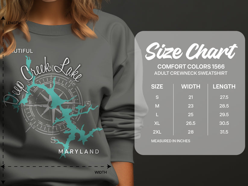 Size chart for Comfort Colors 1566 adult crewneck sweatshirt.