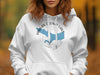White hoodie with a graphic of Harlan County Lake, Nebraska, and a compass rose.