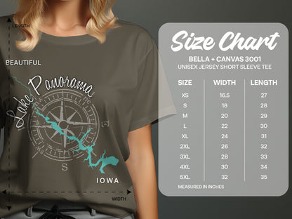 Woman wearing a Lake Panorama Iowa t-shirt next to a size chart.
