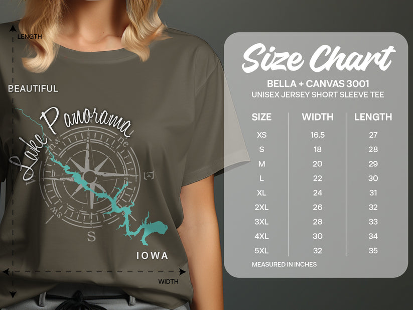 Woman wearing a Lake Panorama Iowa t-shirt next to a size chart.