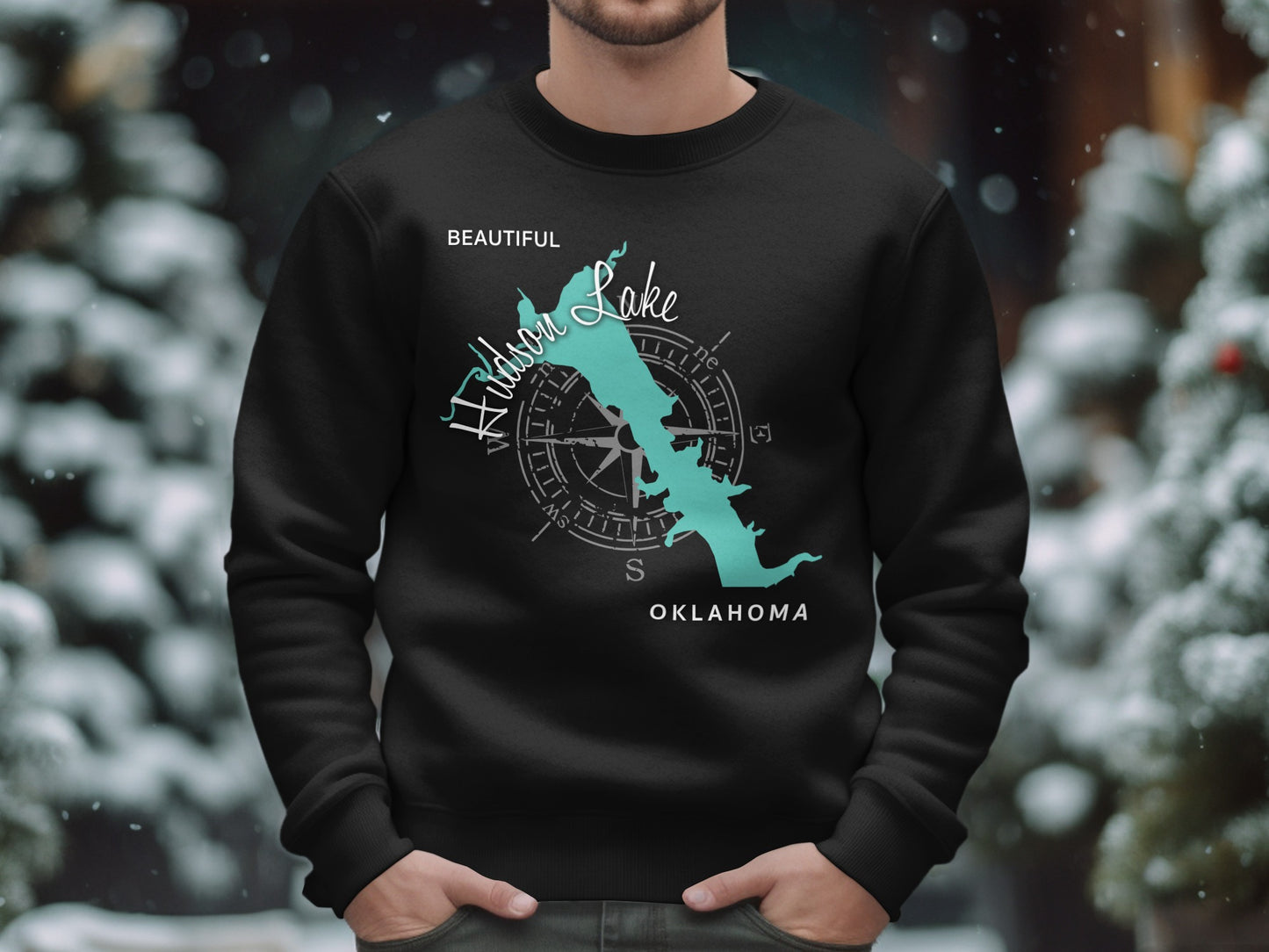 Black sweatshirt with a compass rose and "Hudson Lake Oklahoma" map design.