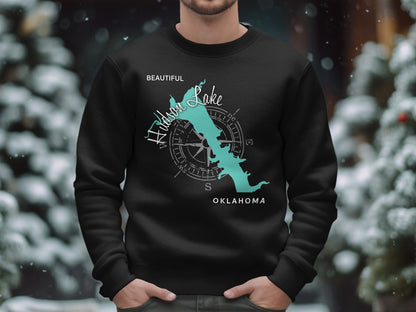 Black sweatshirt with a compass rose and "Hudson Lake Oklahoma" map design.